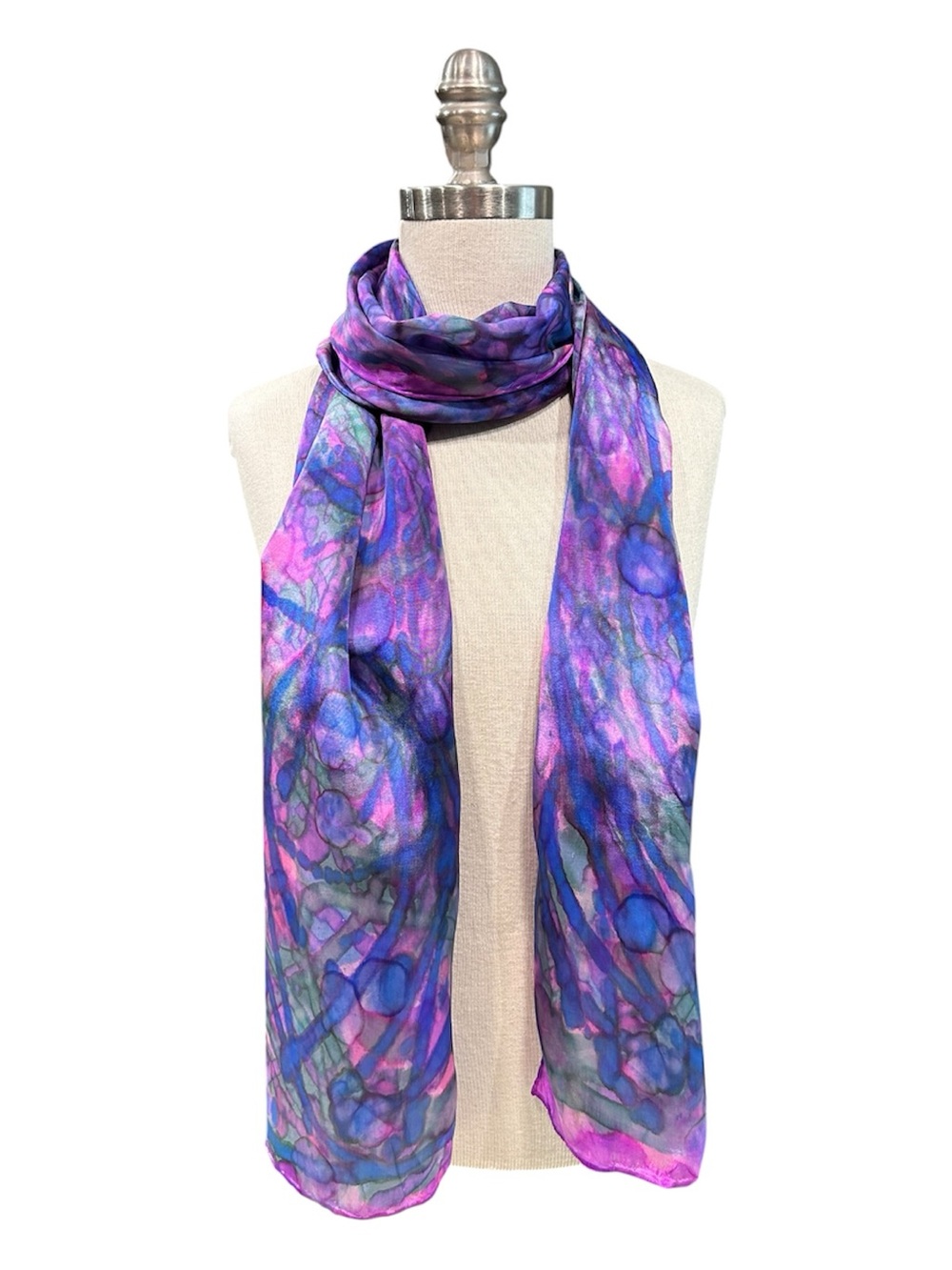 Hand Painted Blue, Fuchsia, Green Silk Scarf NWT